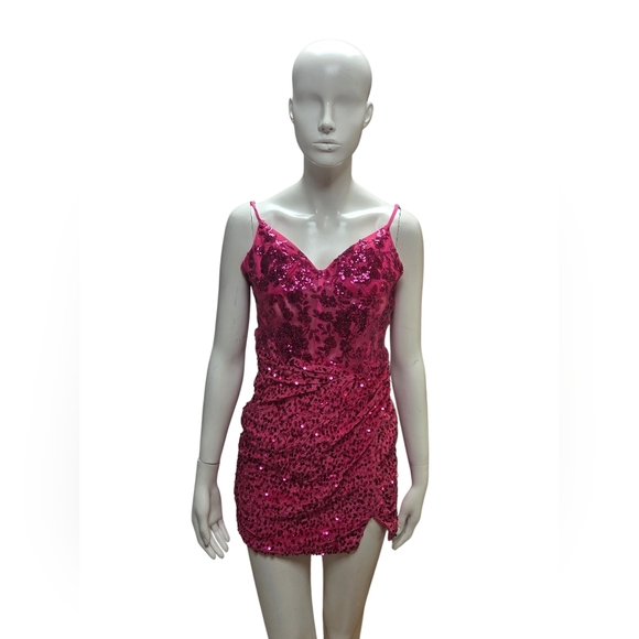 Dresses & Skirts - Pink Velvety Sequin Mini Dress With Small Side Slit, Slightly Sheer Top